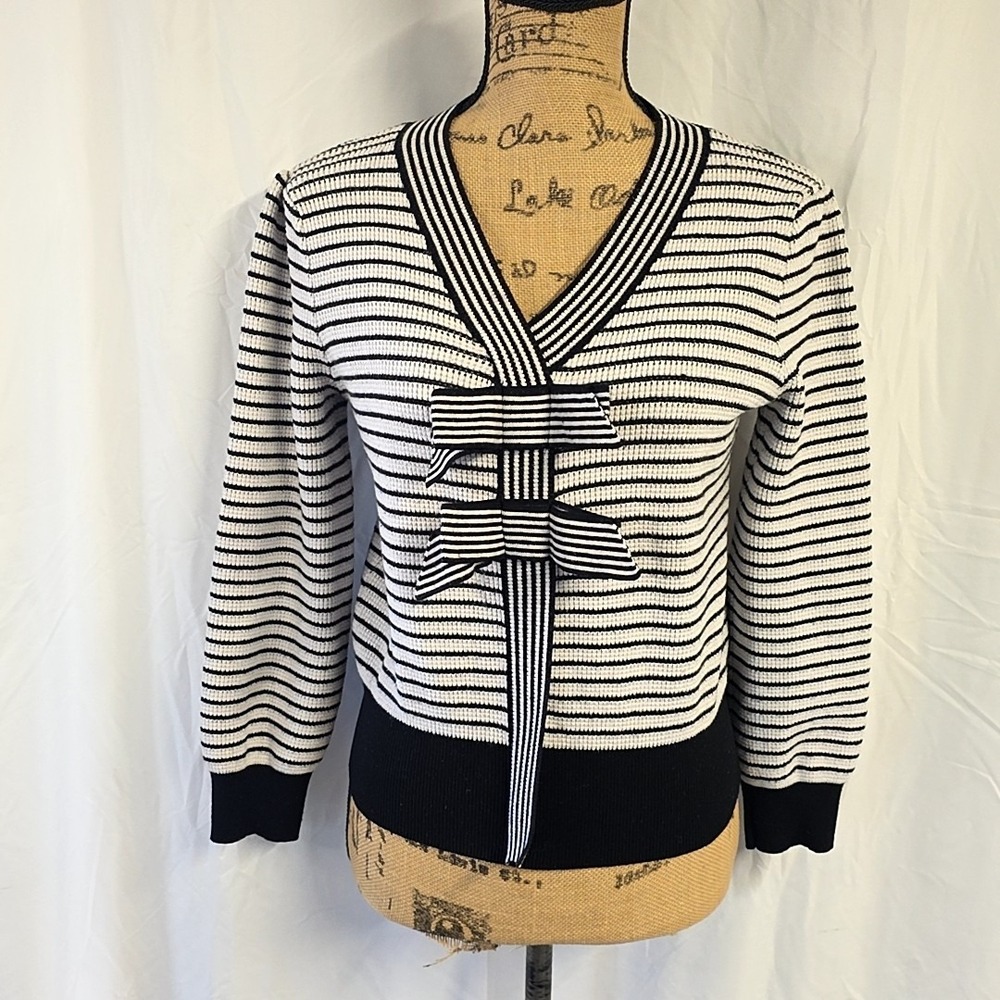 Select + Trend Womens S Sweater Black White Striped Bow V Neck Romantic Preppy